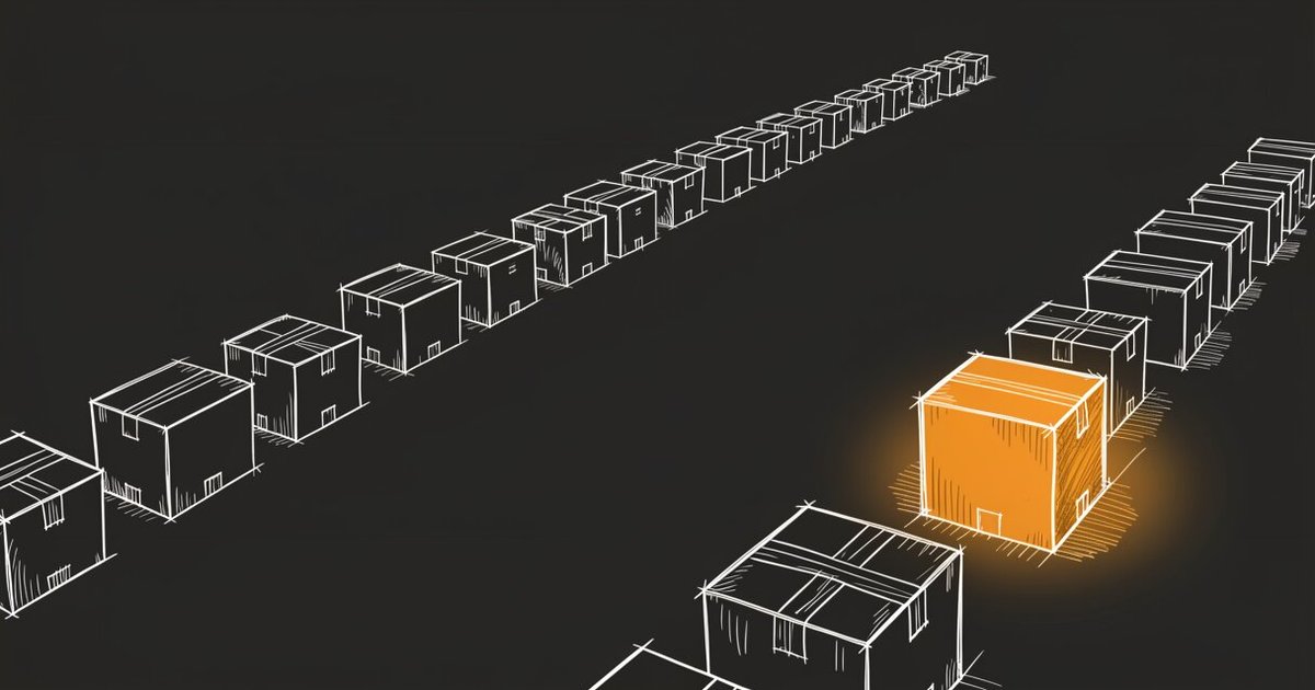 Line drawing of two long rows of identical taped cardboard boxes receding diagonally across a dark floor. One box in the nearer row is filled in orange and glows, and every other box is a white outline.