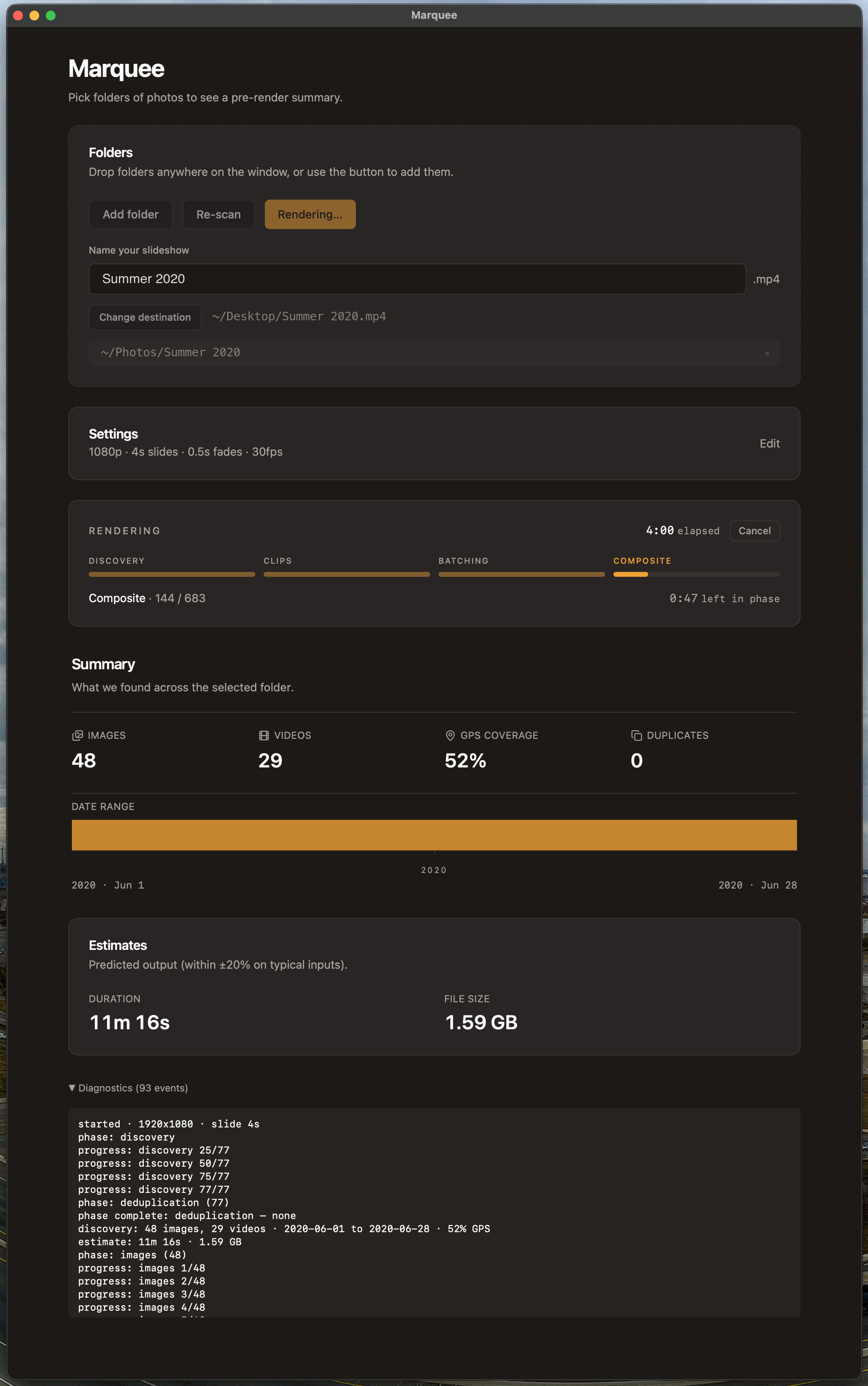 Live render progress with the four-phase pipeline, elapsed time, per-phase ETA, and cancel