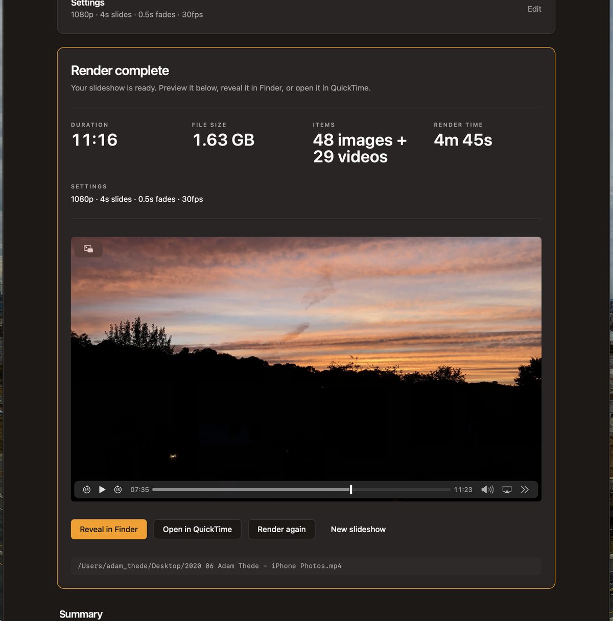 Marquee after a render, showing duration, file size, item count and the finished slideshow playing in the app