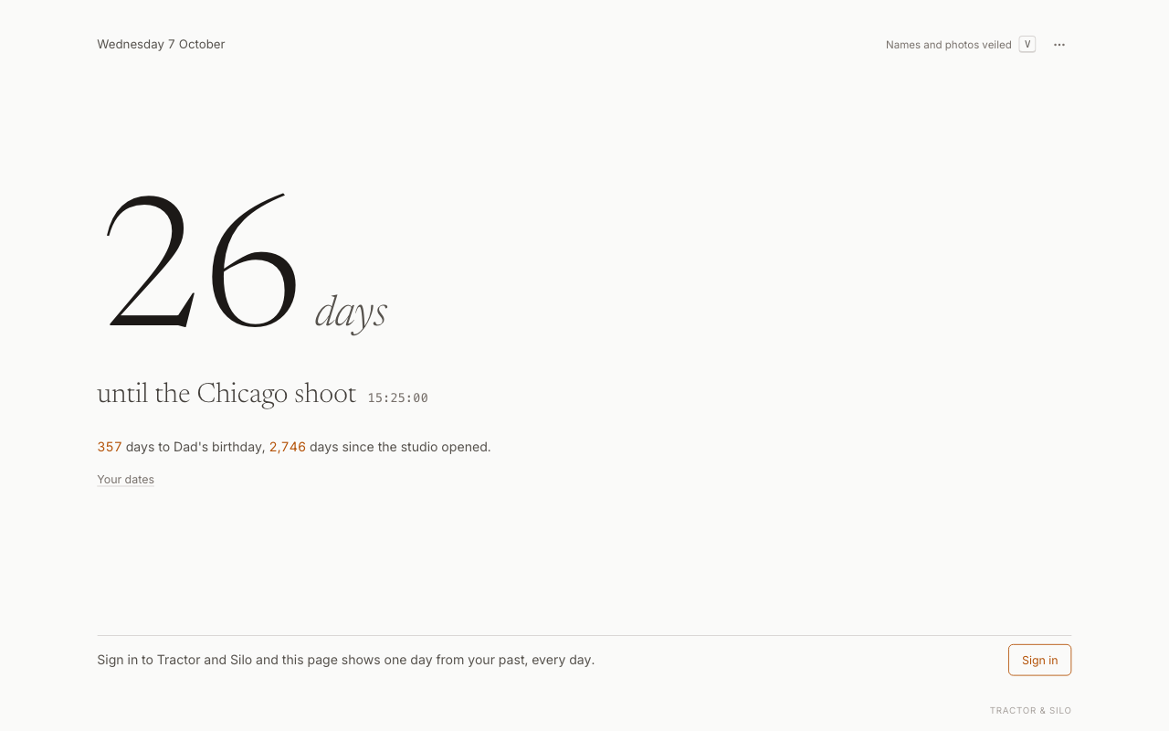 The new tab signed out, light: 26 days until the Chicago shoot, a clock counting the hours, minutes and seconds, and a line counting to two more dates.
